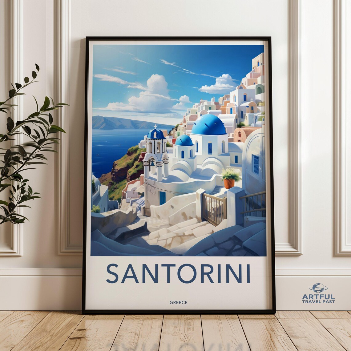 Santorini Greece White Buildings Blue Domes Aegean Travel Poster