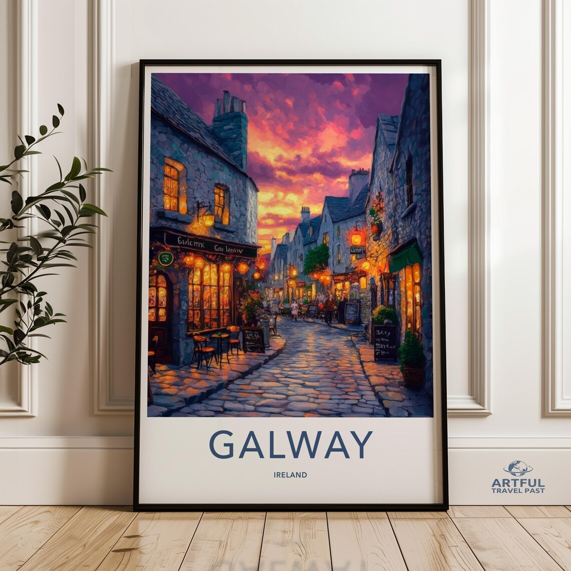 Galway Ireland Cobblestone Pub Street Sunset Painting Poster