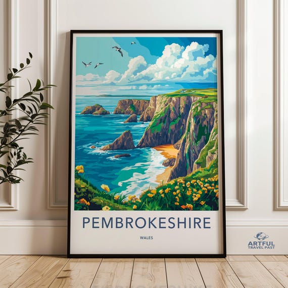 Pembrokeshire Wall Art Coastal Cliff Print Seaside Landscape Illustration Nature Inspired Decor Wales Artwork Beach Scene