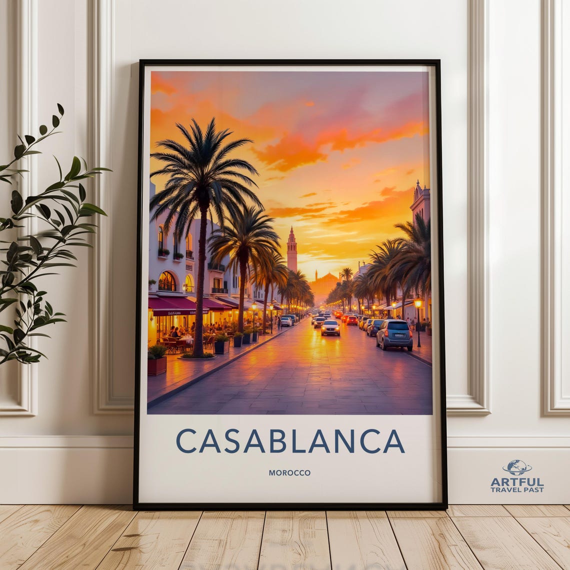 Casablanca Morocco Sunset Palm Street City Vintage Travel Poster