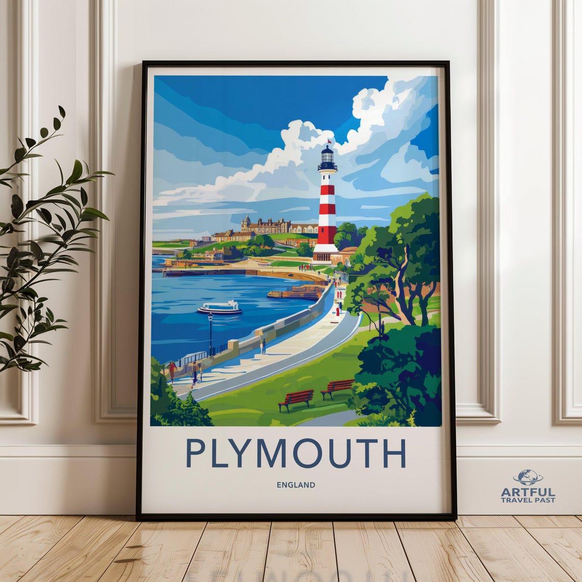 Plymouth England Lighthouse Sunset Vintage Coastal Travel Poster