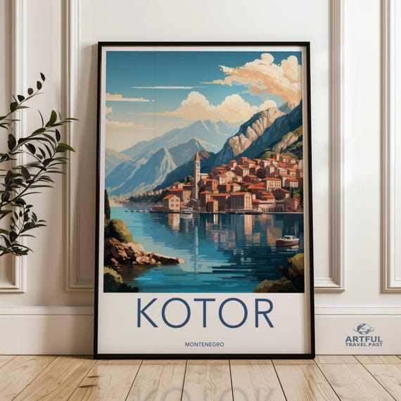 Scenic Kotor Montenegro Wall Art Coastal Town Landscape Print Mountainous Backdrop Artwork Serene Waters And Architecture