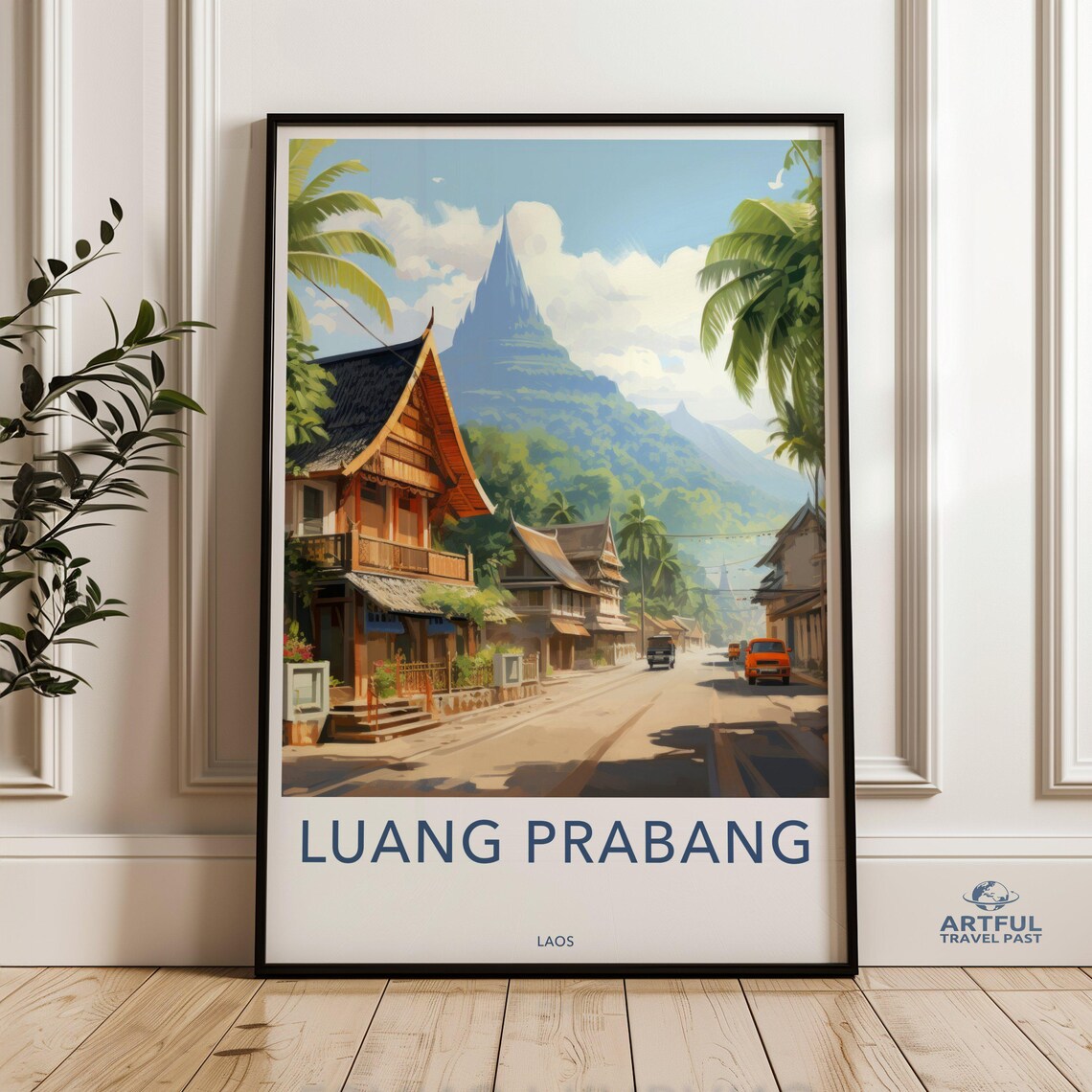 Luang Prabang Laos Vintage Travel Poster Street Mountain View Asia Art