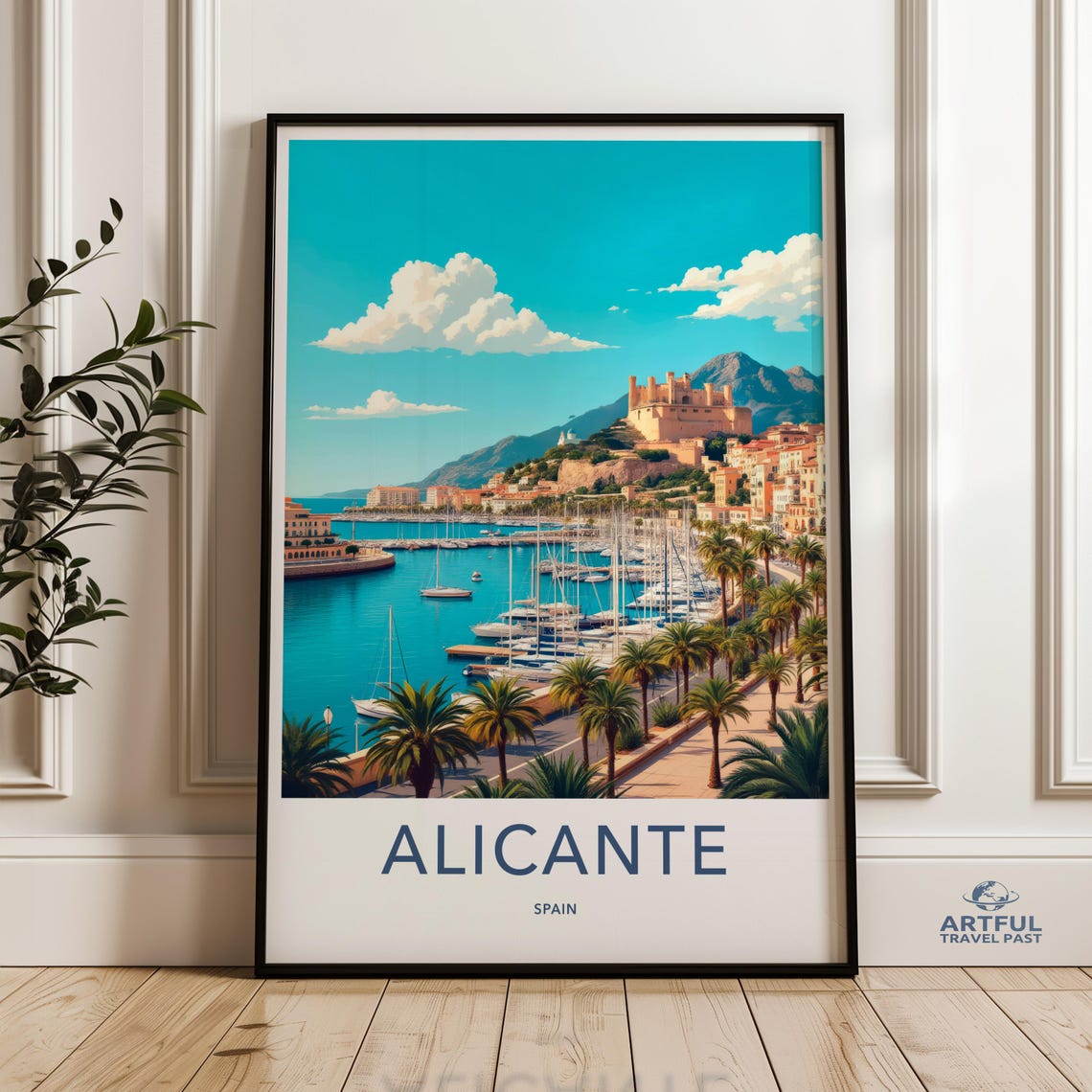 Alicante Spain Sunny Harbor Marina Castle Coast Travel Poster