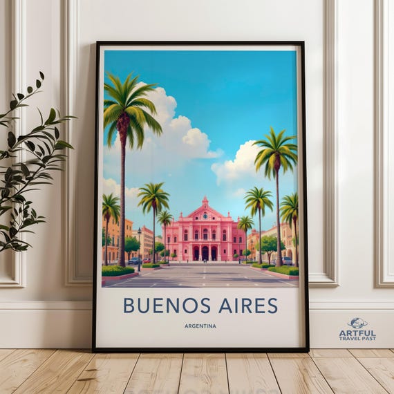 Buenos Aires Argentina Poster Tropical Palm Wall Art Pink Building Print Colorful Home Decor South America Travel