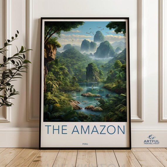 The Amazon Peru Lush Jungle River Landscape Vintage Travel Poster