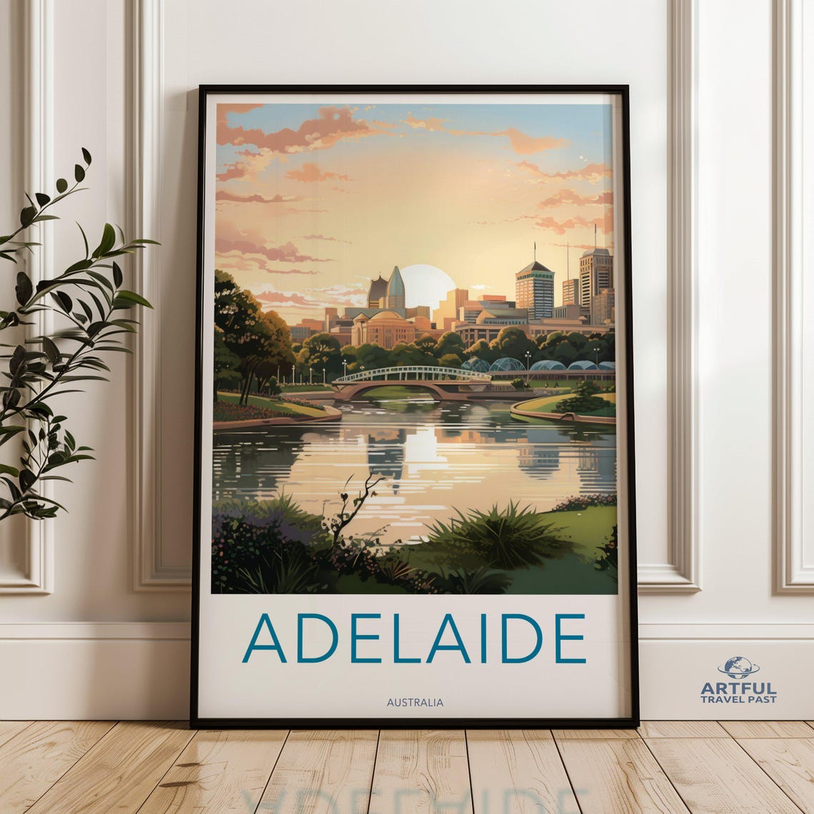 Adelaide Australia River Sunset Bridge Vintage Travel Art Poster