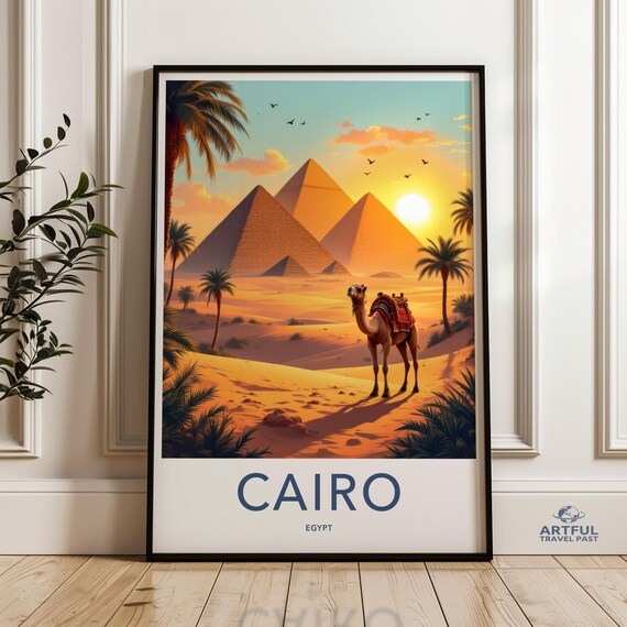 Cairo Egypt Pyramids Camel Palms Sunrise Golden Desert Travel Poster