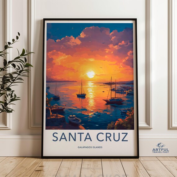Santa Cruz Galapagos Islands Sunset Harbor Sailboat Travel Poster