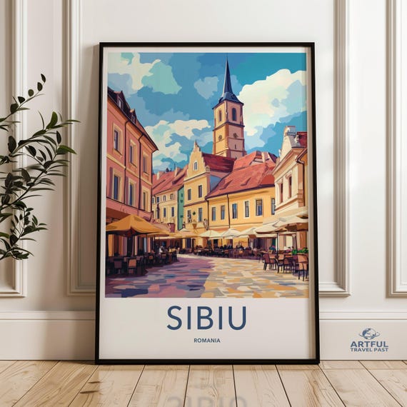 Sibiu Cityscape Wall Art Romania Travel Poster European Architecture Print Vibrant Decor Historic City Painting