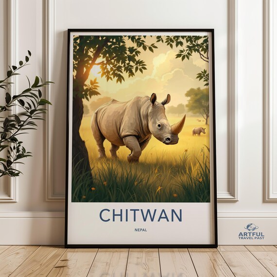 Chitwan Nepal Travel Poster One Horned Rhino Safari Wildlife Art Scene