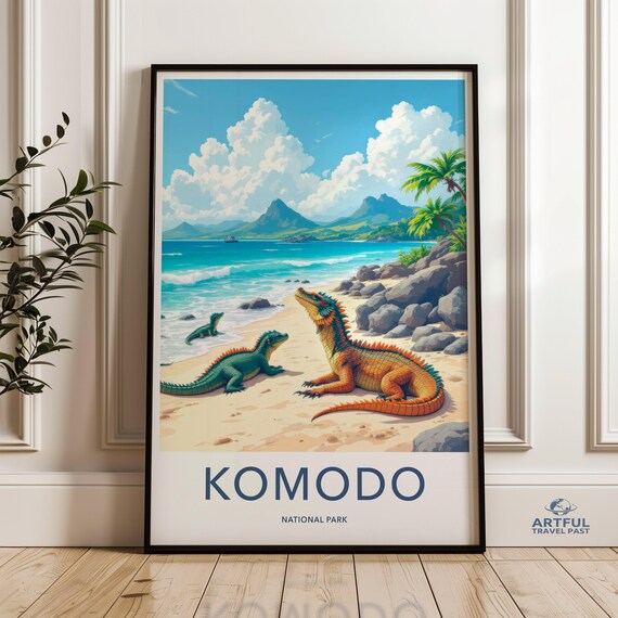 Komodo National Park Dragons Tropical Beach Wildlife Art Poster