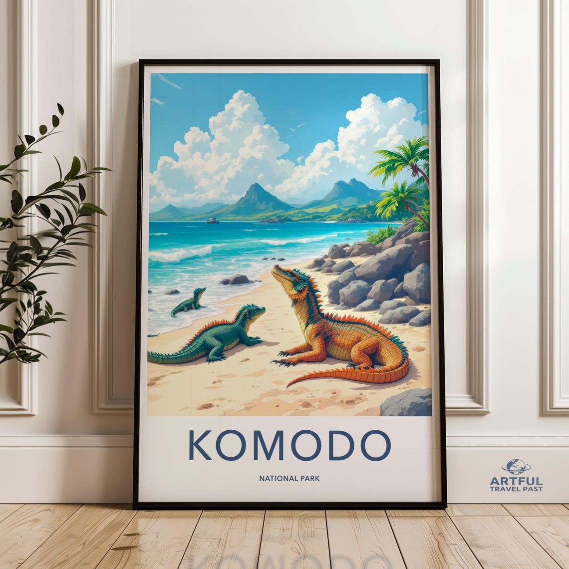 Komodo National Park Dragons Tropical Beach Wildlife Art Poster