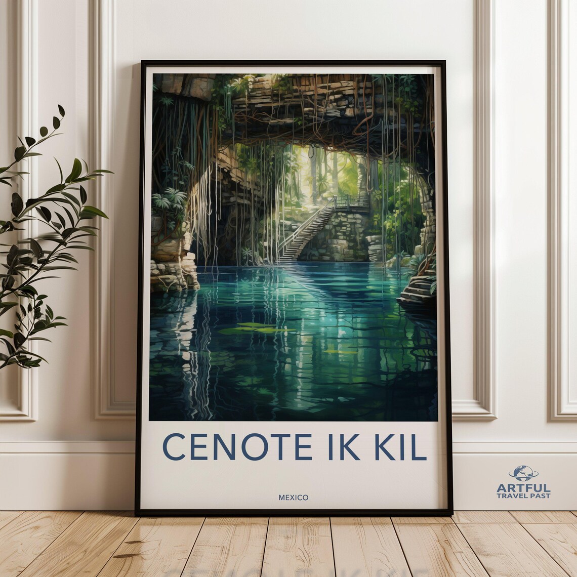 Cenote Ik Kil Mexico Stone Stairs Vines Underground River Travel Poster