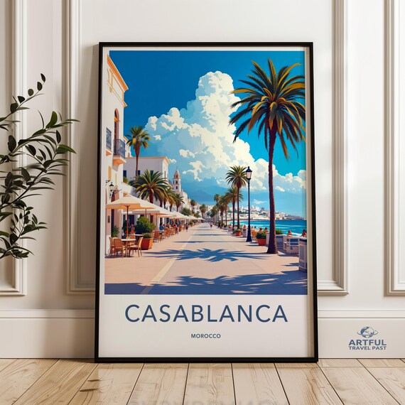 Casablanca Morocco Beach Promenade Poster Vintage Travel Coast Scene