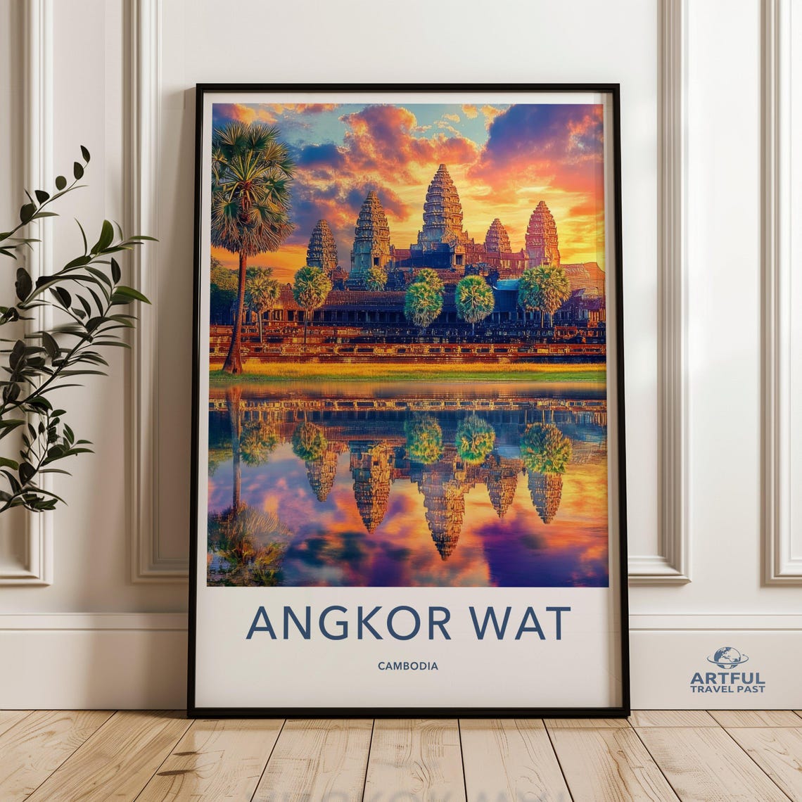 Angkor Wat Cambodia Stunning Temple Sunset Reflection Travel Poster