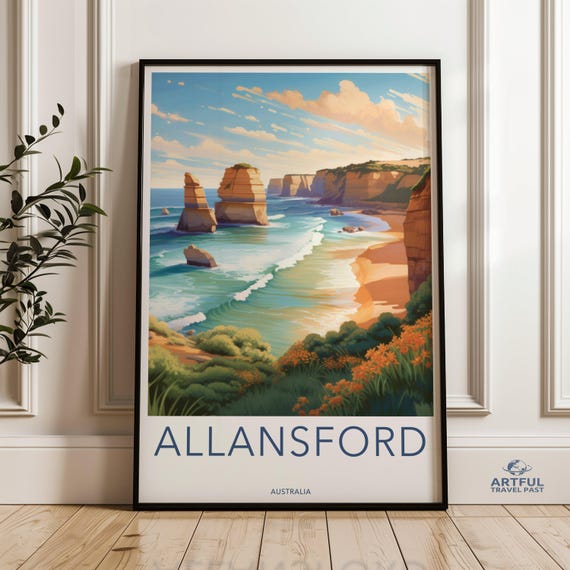 Allansford Australia Wall Art Coastal Landscape Poster Scenic Beach Print Ocean View Artwork Travel Decor Nature Illustration