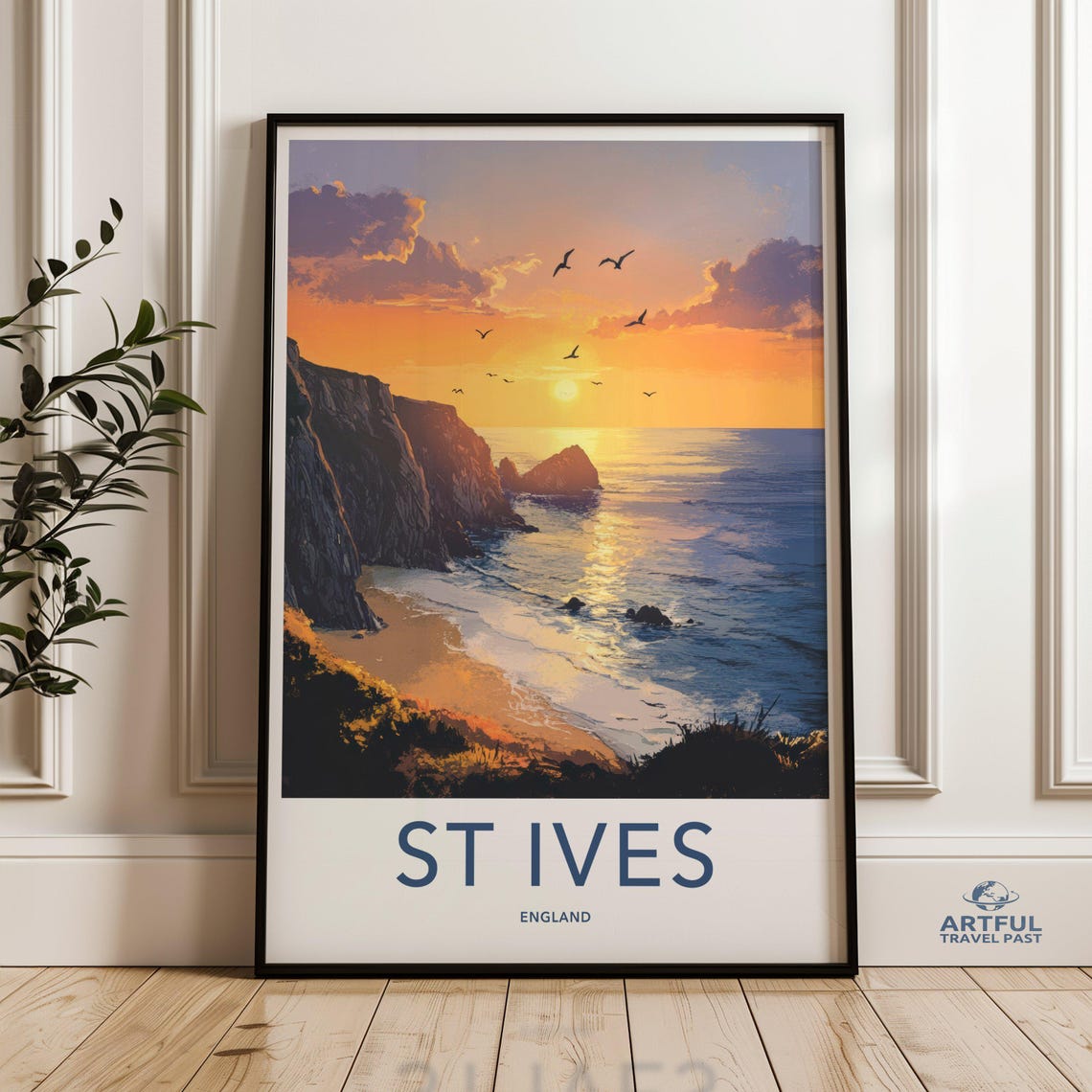 St Ives England Coastal Sunset Cliffs Beach Seagulls Travel Poster