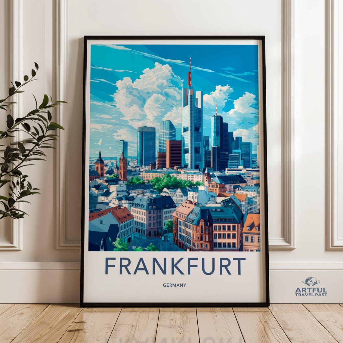 Frankfurt Germany Skyline Travel Poster Modern Blue Sky Cityscape Art