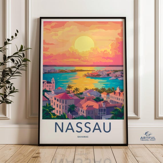 Nassau Bahamas Wall Art Sunset Cityscape Print Tropical Coastal Decor Vacation Destination Poster Colorful Island Artwork