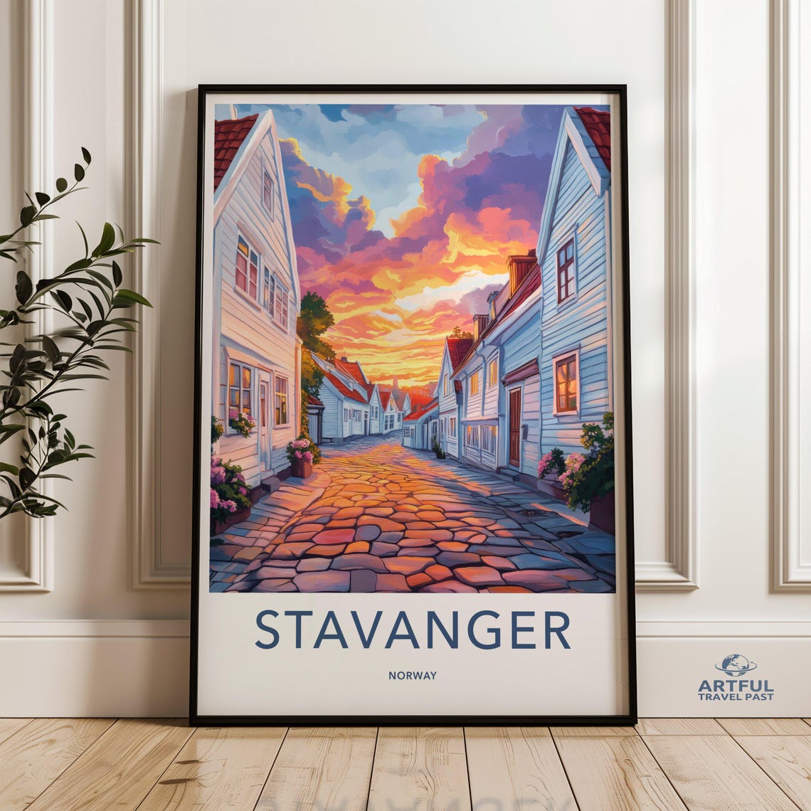 Stavanger Norway Cobblestone Street Sunset Golden Travel Poster