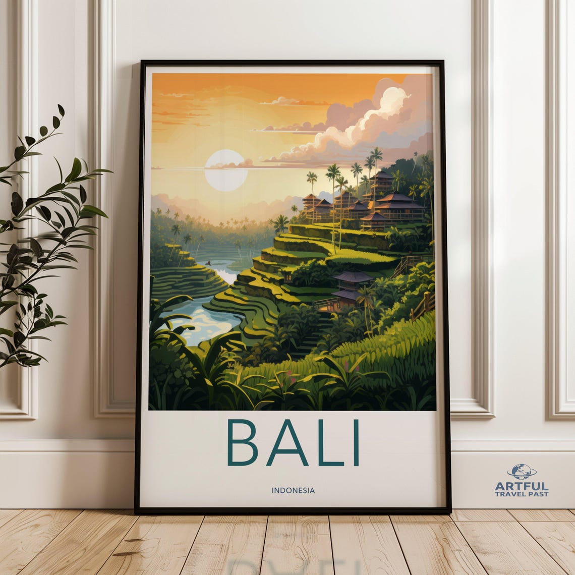 Bali Indonesia Sunset Rice Terraces Retro Vintage Travel Poster