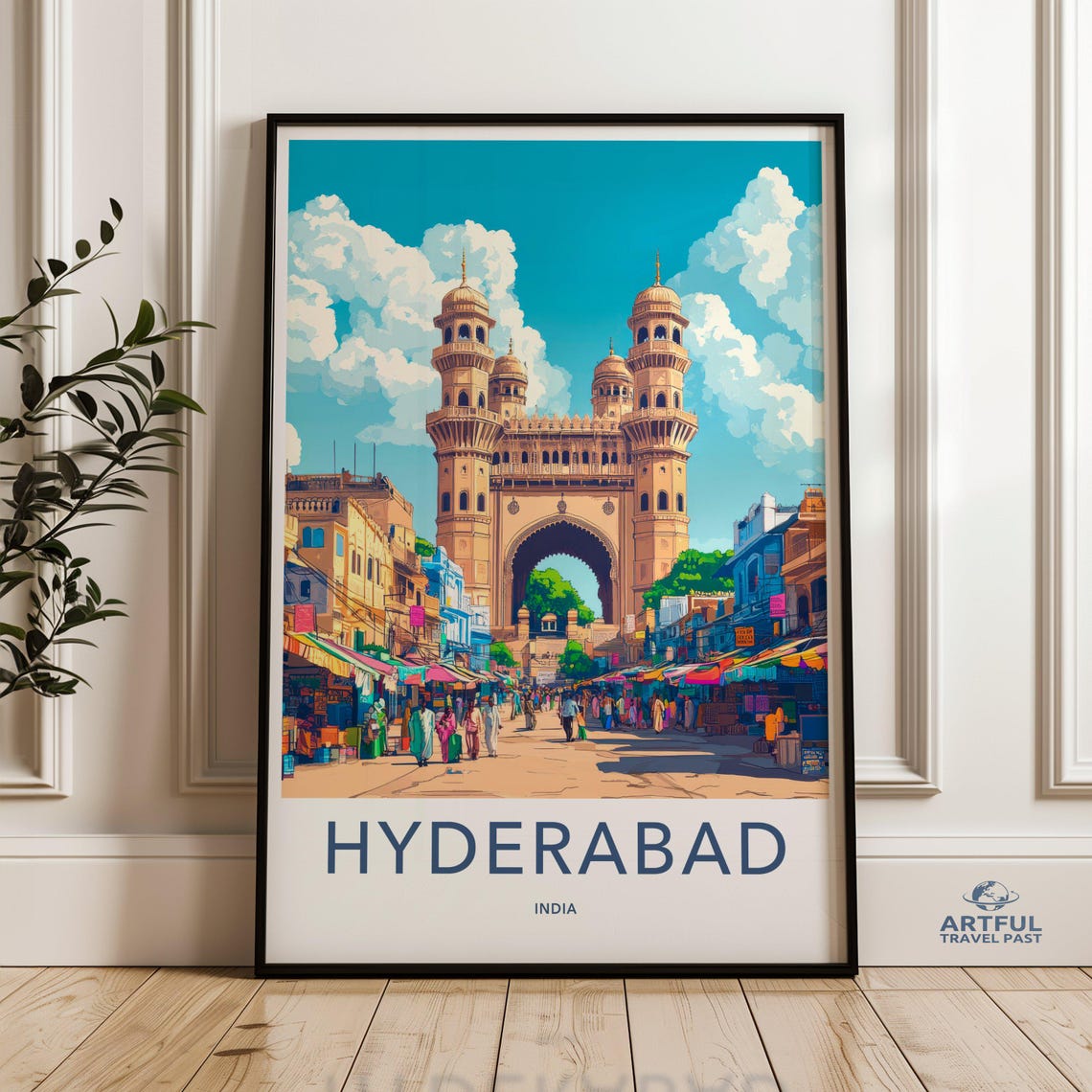 Hyderabad India Grand Charminar Monument Bazaar Travel Poster