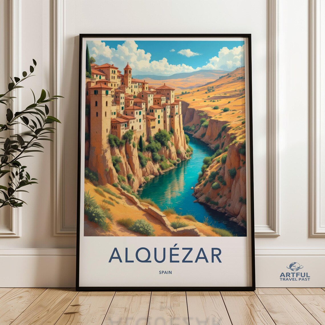 Alquezar Spain Vintage Travel Cliffside Village Canyon Poster