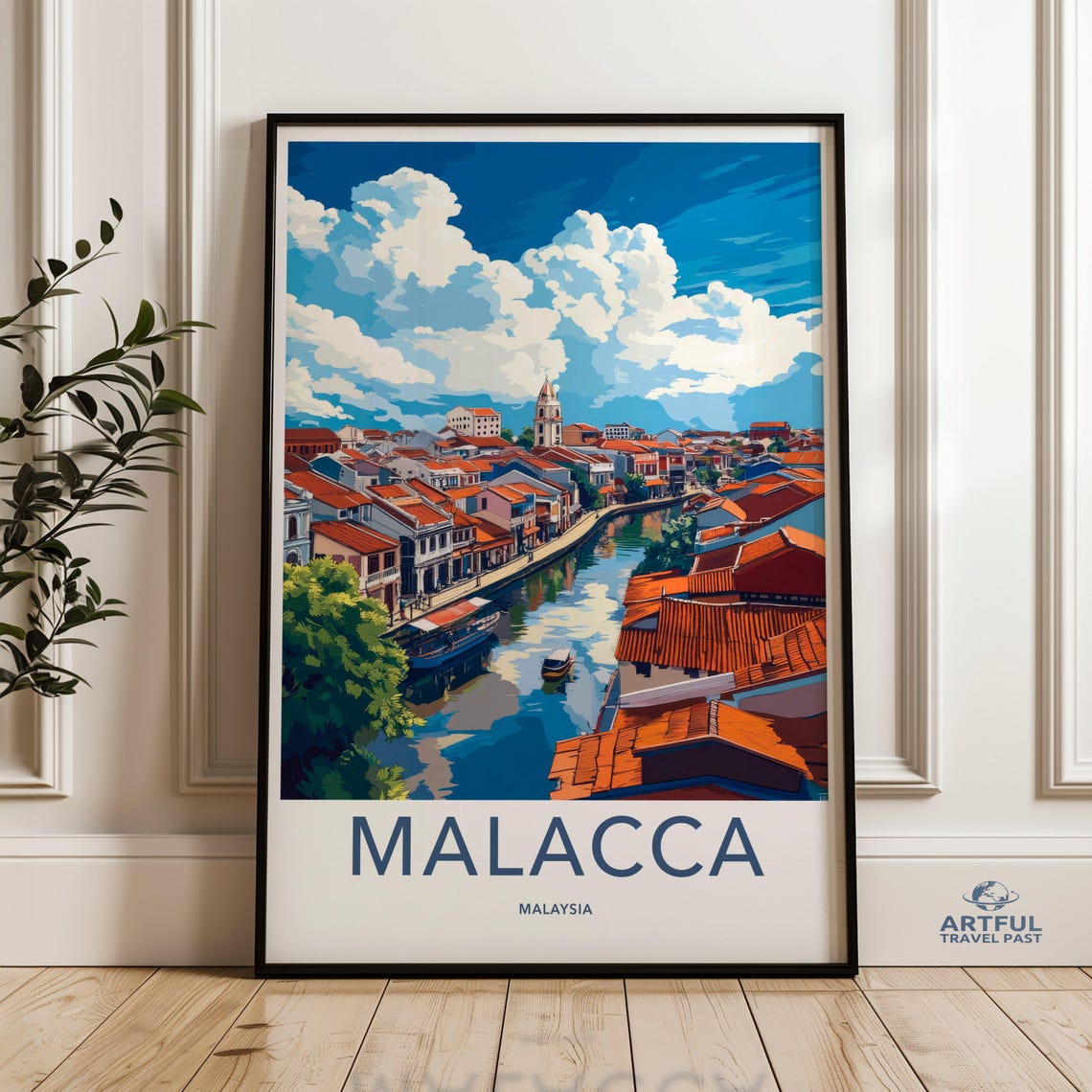 Malacca Malaysia Colorful River Town Under Blue Sky Travel Poster