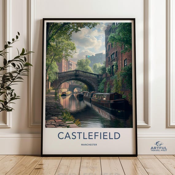 Vintage Canal Boats Poster Manchester Wall Art Architectural Print Travel Past Collection Deco Decor Waterway Scene