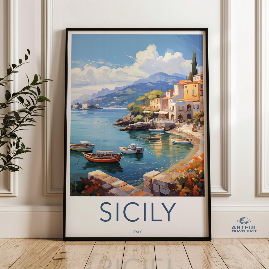 Sicily Italy Coastal Village Fishing Boats Scenic Travel Poster