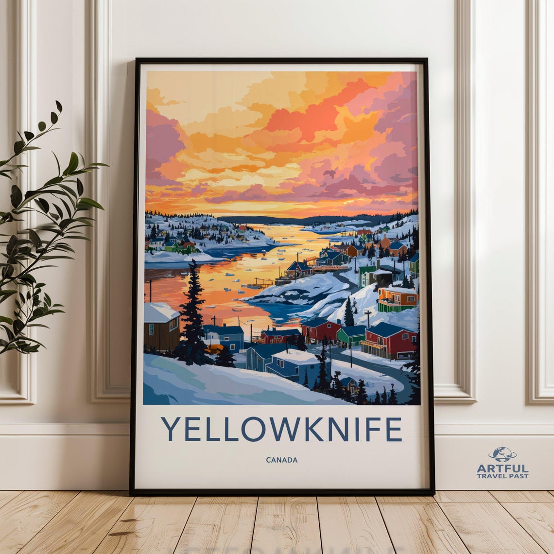 Yellowknife Canada Winter Sunset Harbor Town Arctic Scene Poster