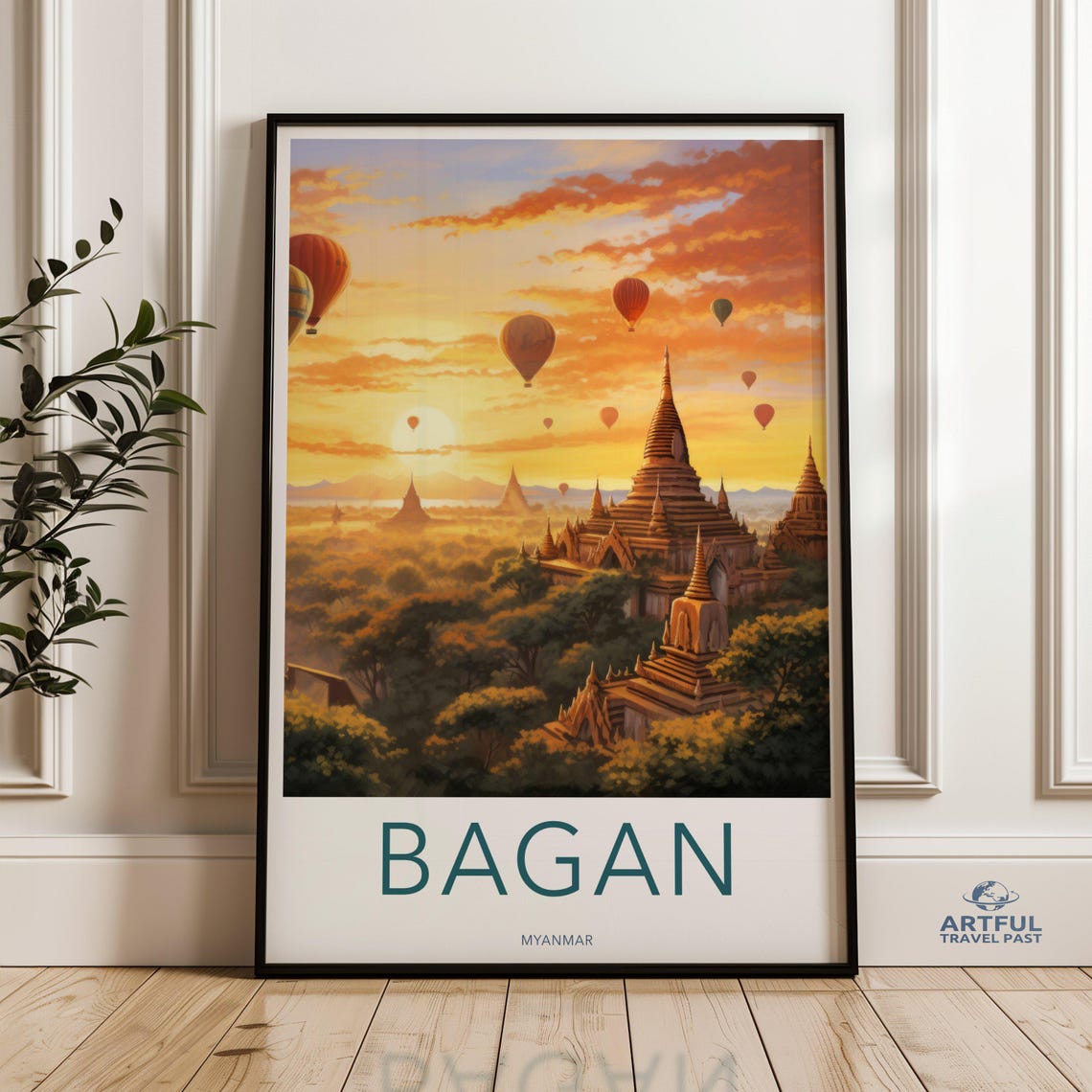 Bagan Myanmar Travel Poster Temple Sunrise Hot Air Balloon Art