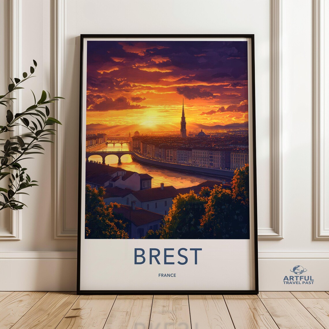 Brest France Sunset River City Spire Golden Sky Travel Poster