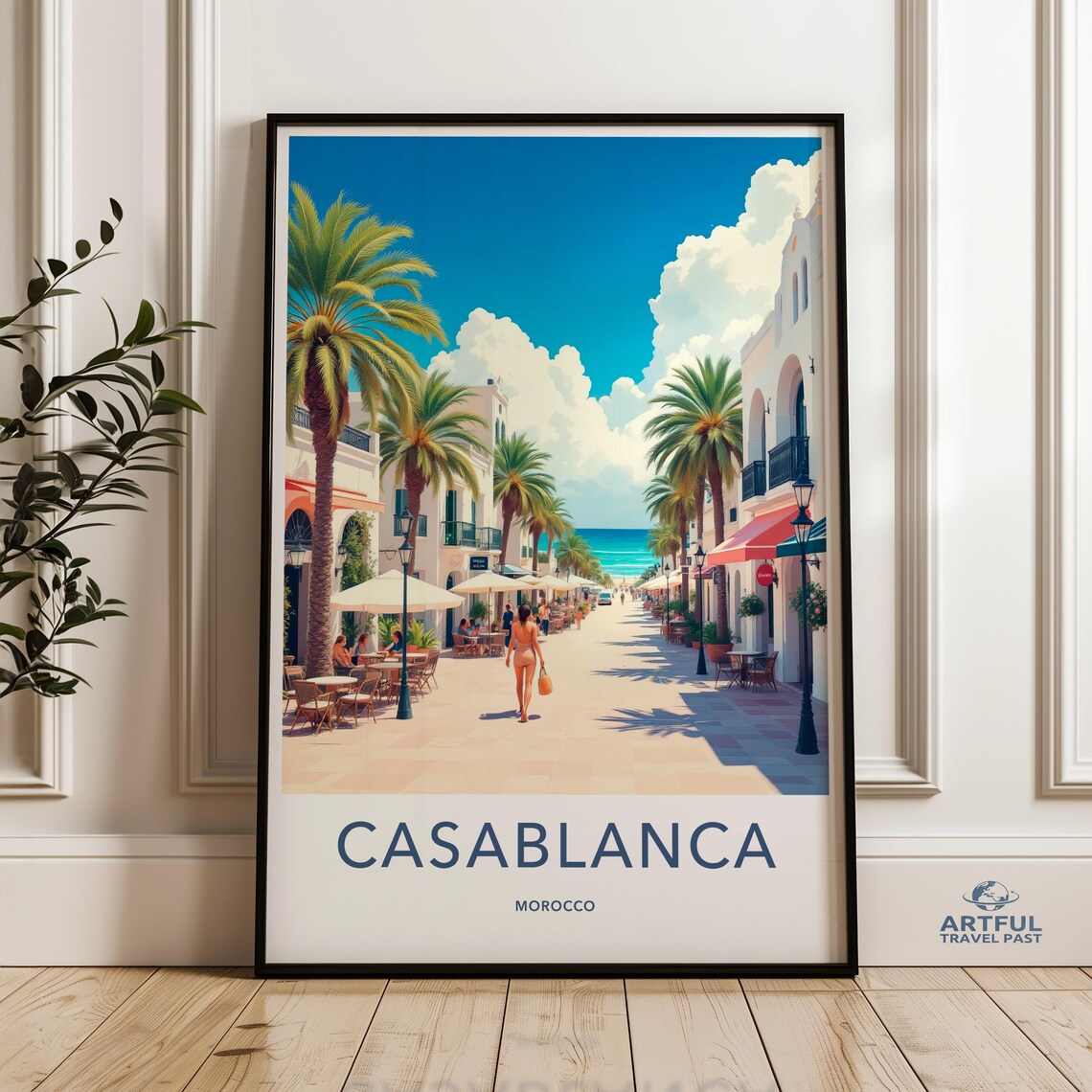 Casablanca Morocco Beach Poster Vintage Travel Street Scene Sunny Coast Art