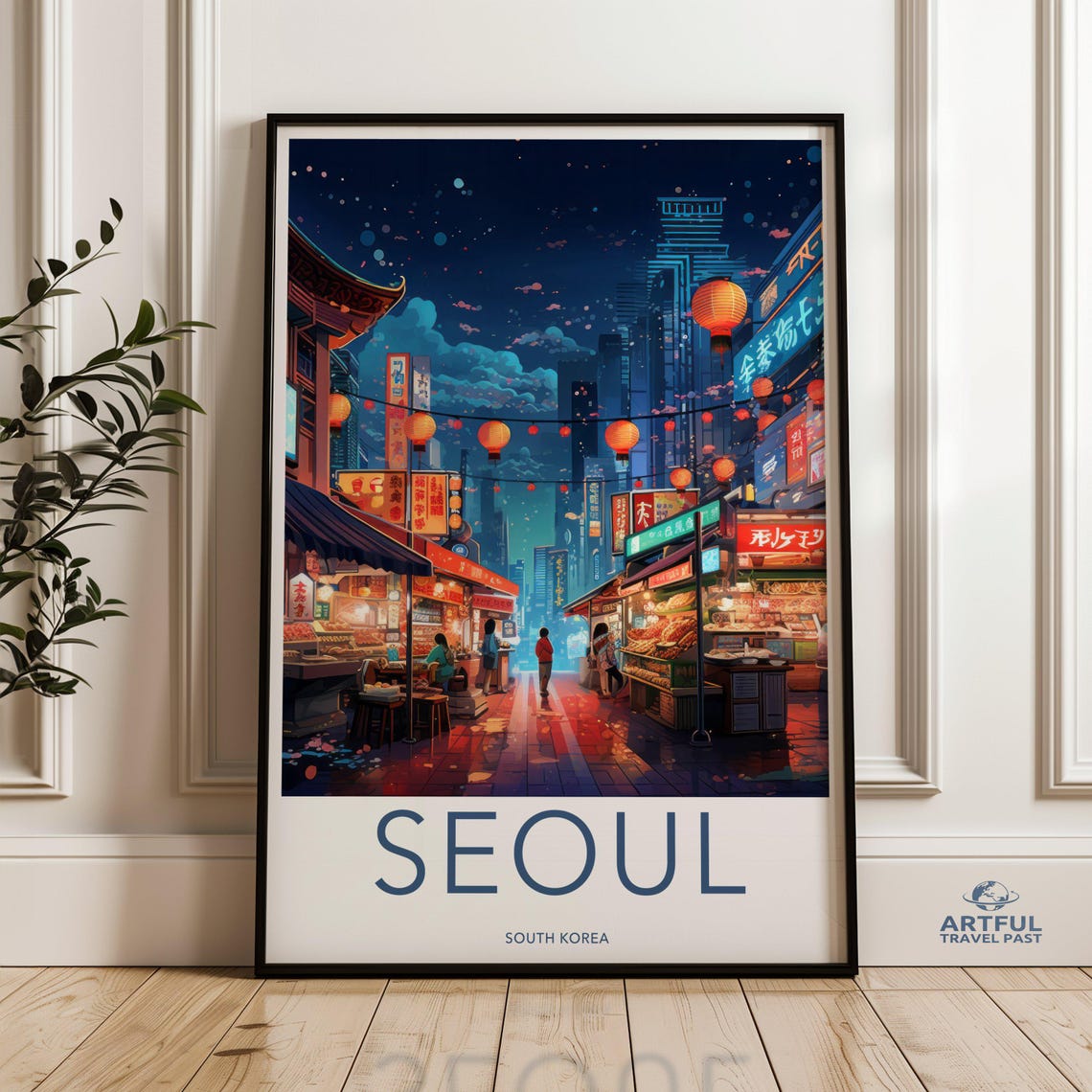 Seoul Cityscape Wall Art South Korea Night Market Poster Vibrant Asian Street Scene Modern Urban Artwork Culture Decor
