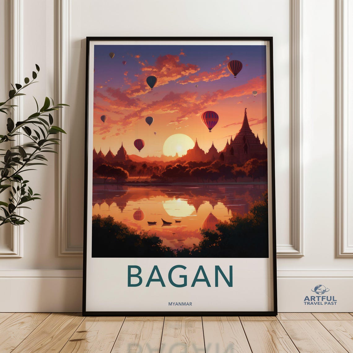 Bagan Myanmar Sunset Hot Air Balloons Over Temple River Poster