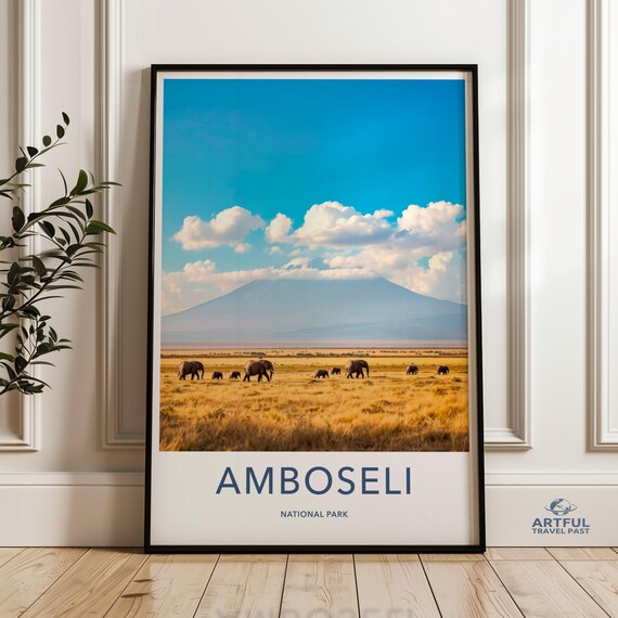 Amboseli National Park Vintage Travel Poster Elephant Herd Kilimanjaro