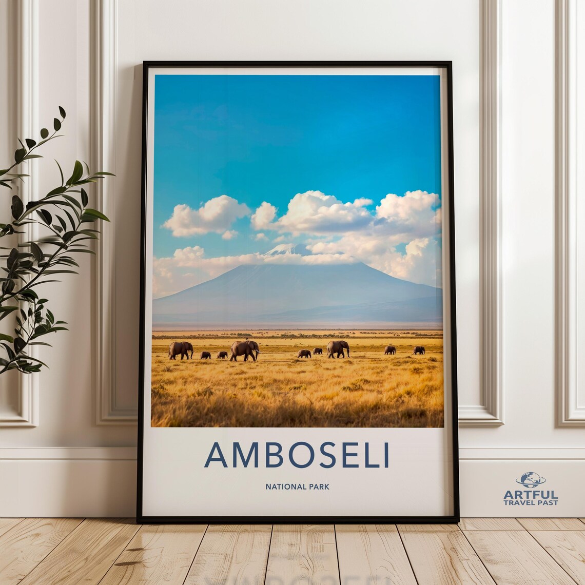 Amboseli National Park Vintage Travel Poster Elephant Herd Kilimanjaro
