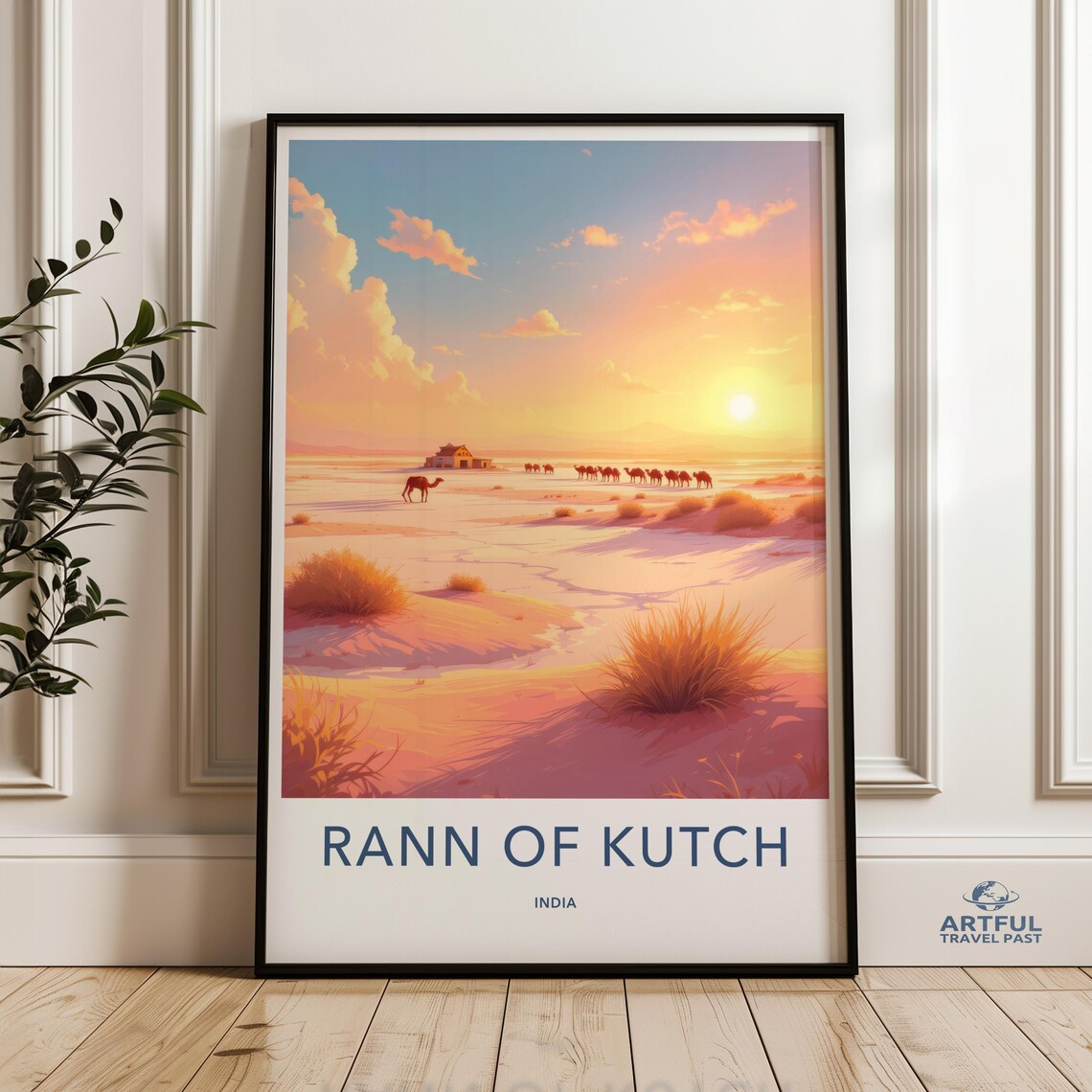 Rann of Kutch India White Salt Desert Camels Sunset Travel Poster