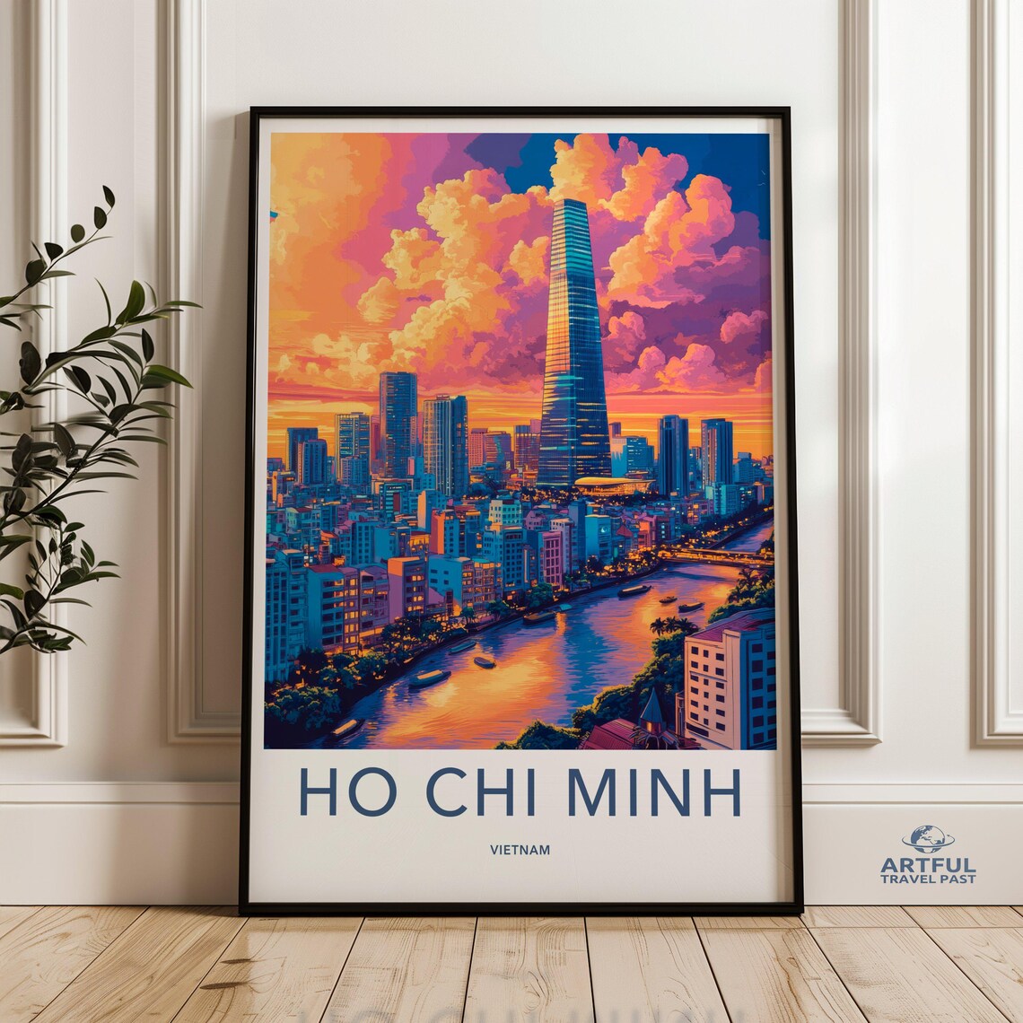 Ho Chi Minh Vietnam Golden Sunset Skyline Riverside Travel Poster