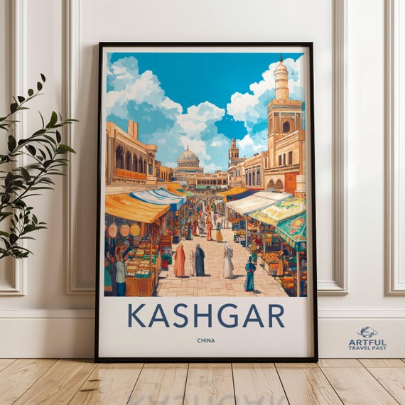 Kashgar Cityscape Wall Art Colorful Street Market Travel Poster Asian Bazaar Artwork China Decor