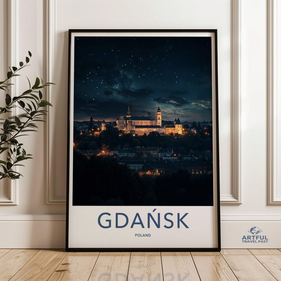 Gdansk Skyline Night View Wall Art Print Poland Cityscape Poster Home Decor Gift Starry Sky Photography City Lights Artwork