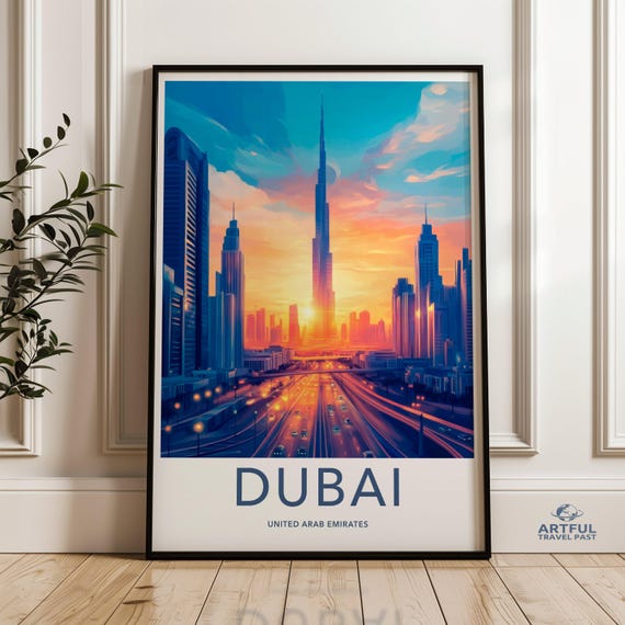 Dubai Skyline Wall Art United Arab Emirates Cityscape Print Vibrant Sunset City View Modern Home Decor Office Decoration