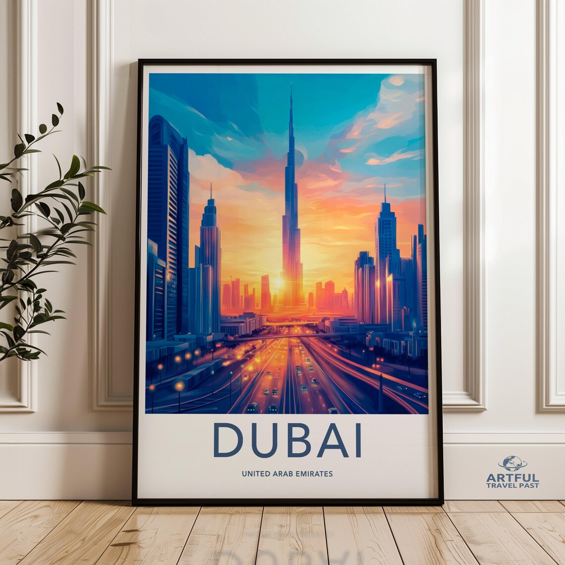 Dubai United Arab Emirates Sunset Skyline Travel Wall Poster Art