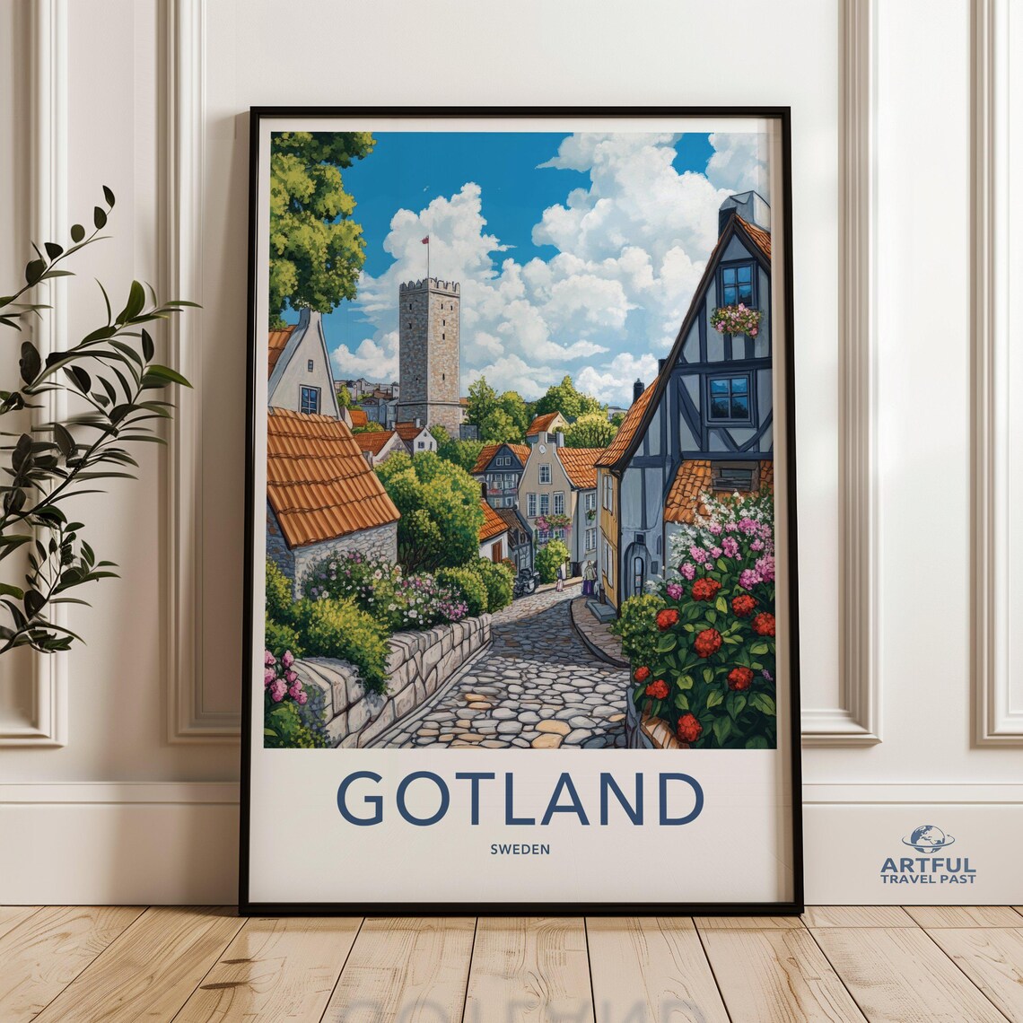 Gotland Sweden Cobblestone Street Medieval Old Town Travel Poster