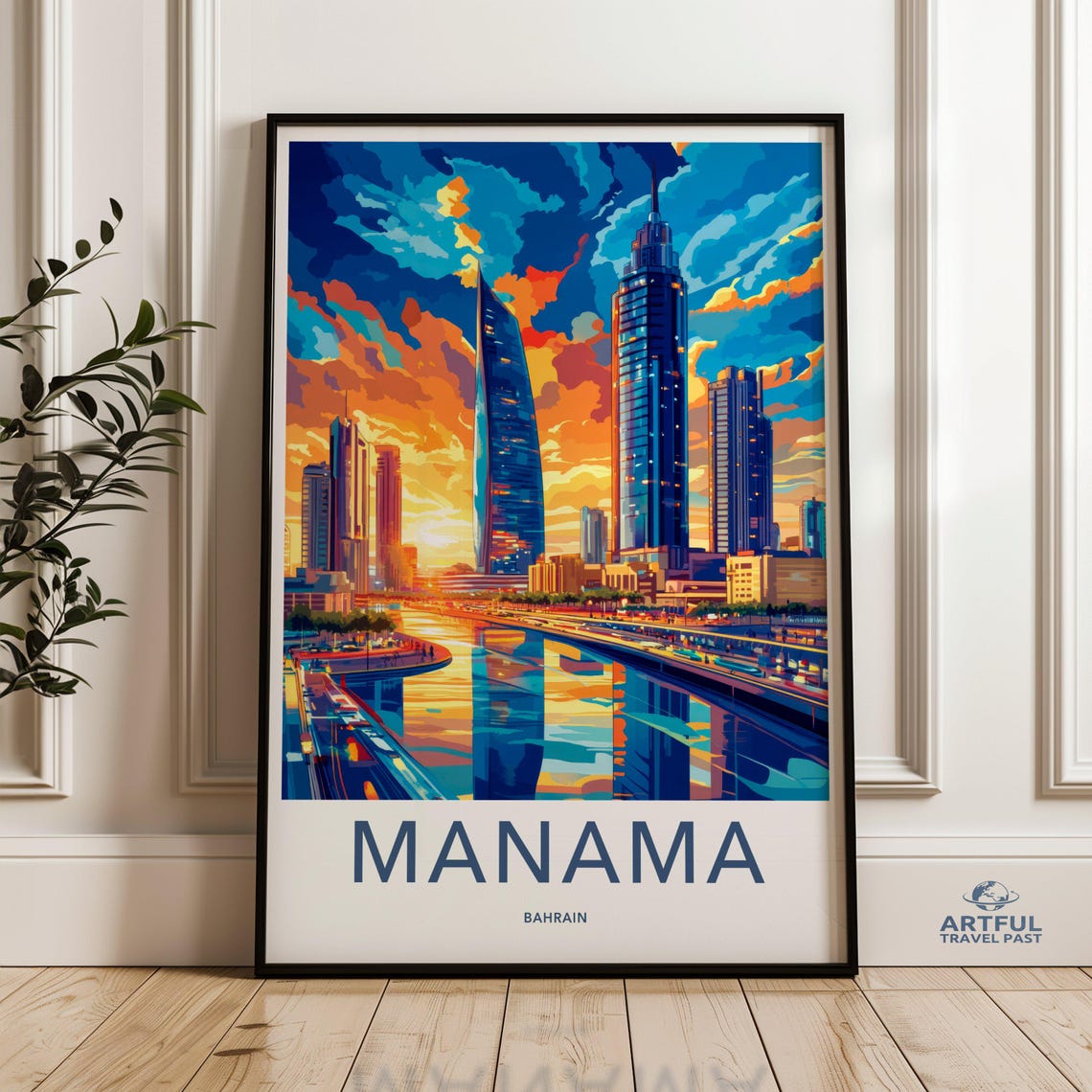 Manama Bahrain Modern Skyscraper Skyline Sunset Travel Poster
