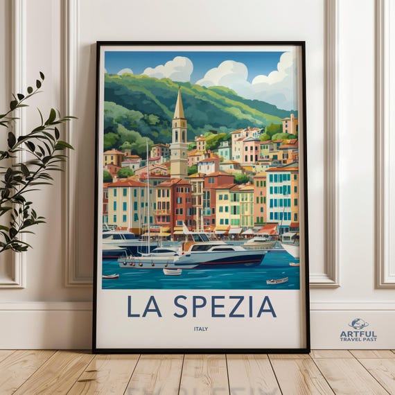 Italy Coastal Town Art Scenic Wall Print La Spezia Illustration Colorful Houses And Boats Travel Poster Decor
