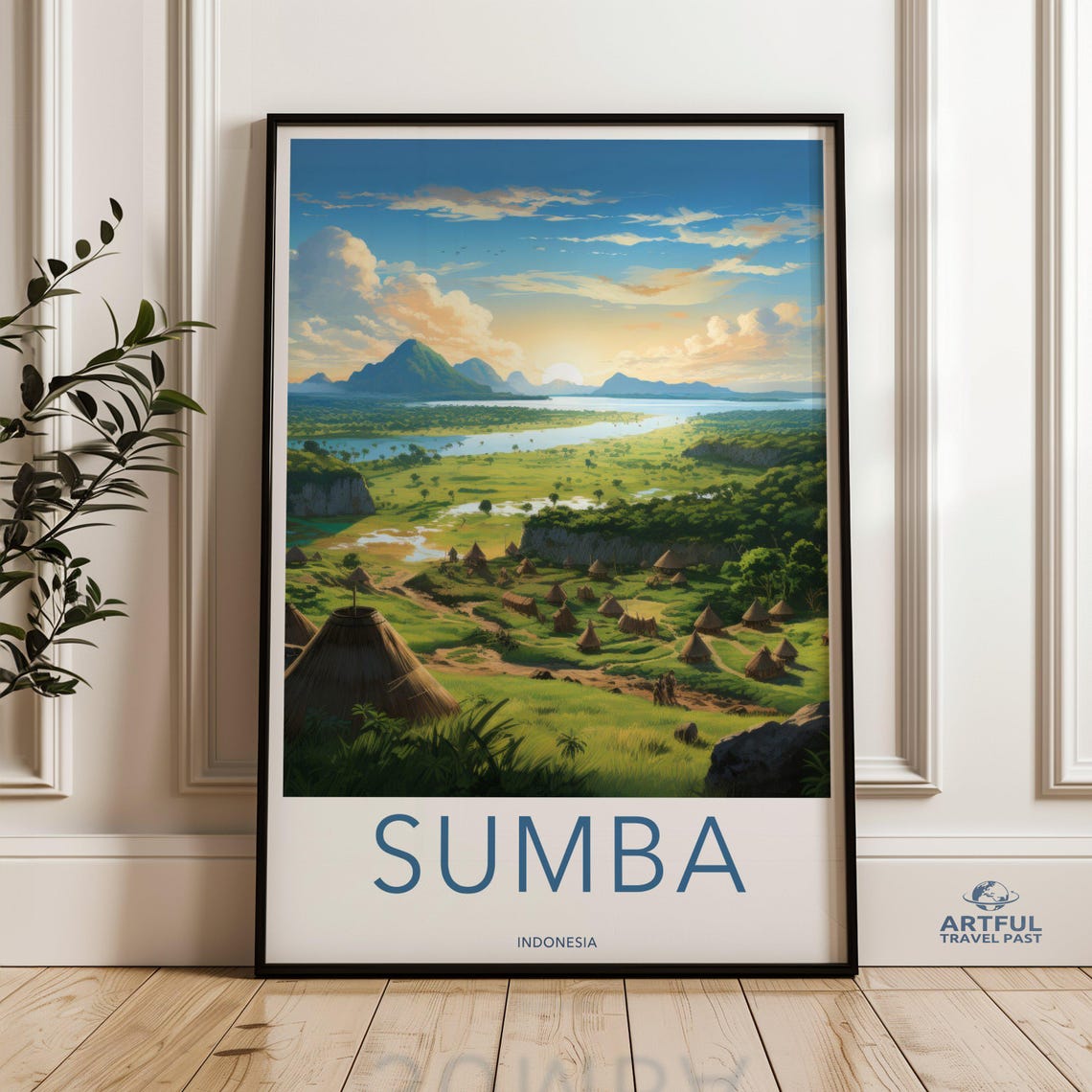 Lush Sumba Indonesia Thatched Village Lake Valley Travel Poster