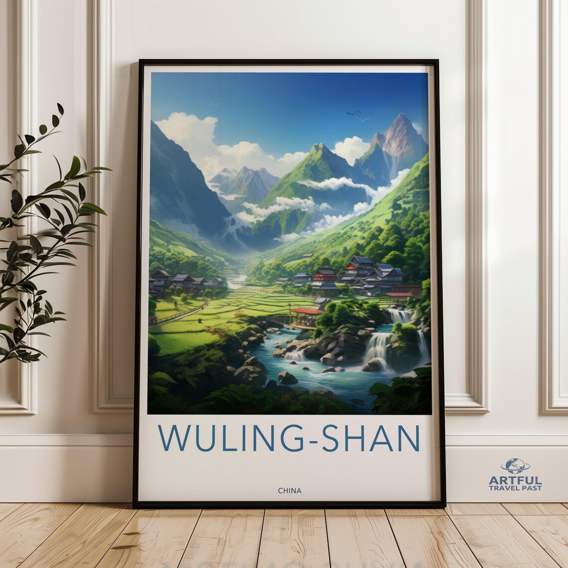Wuling Shan China Mountain Valley Village Vintage Travel Poster